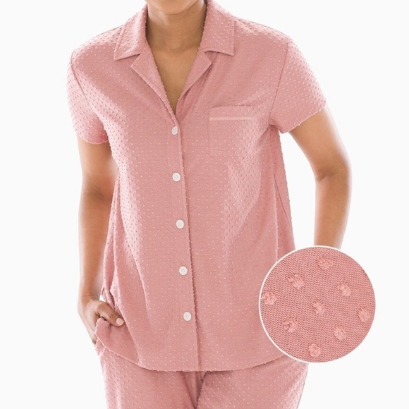NEW Soma Textured Dot Short Sleeve Notch Collar Pajama Top Pink - Picture 1 of 8